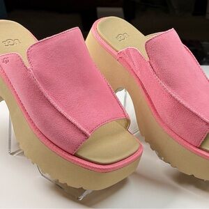 UGG Women's Pink Suede Mules with Cream Platform - NWOT